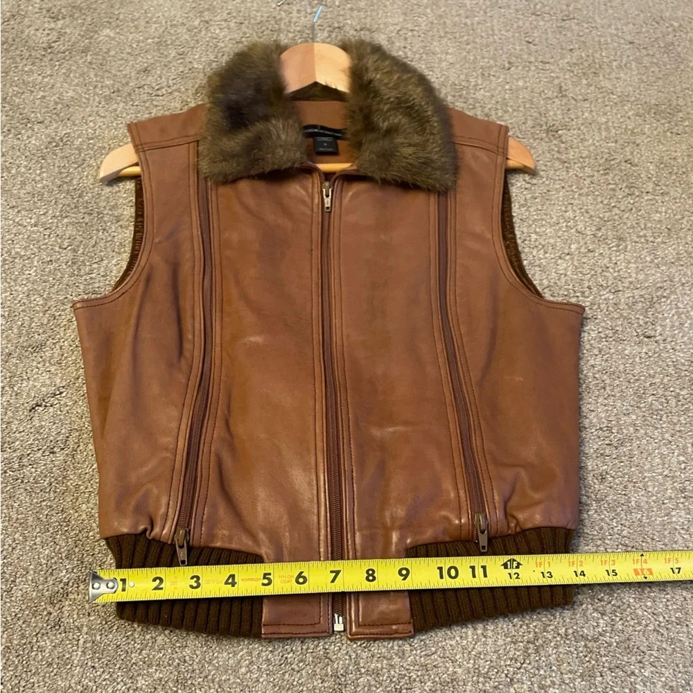 VTG Moda International Brown Leather Vest with Faux Fur Size M Aviator Bomber - Picture 13 of 13